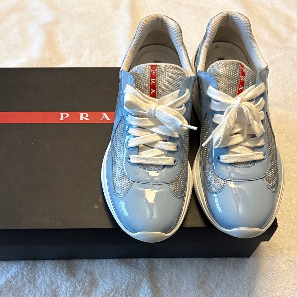 Prada Light Blue and White Lace-Up Sneakers